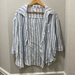 Kona Sol Blue, White Striped Gauze Button Front Blouse Top Small